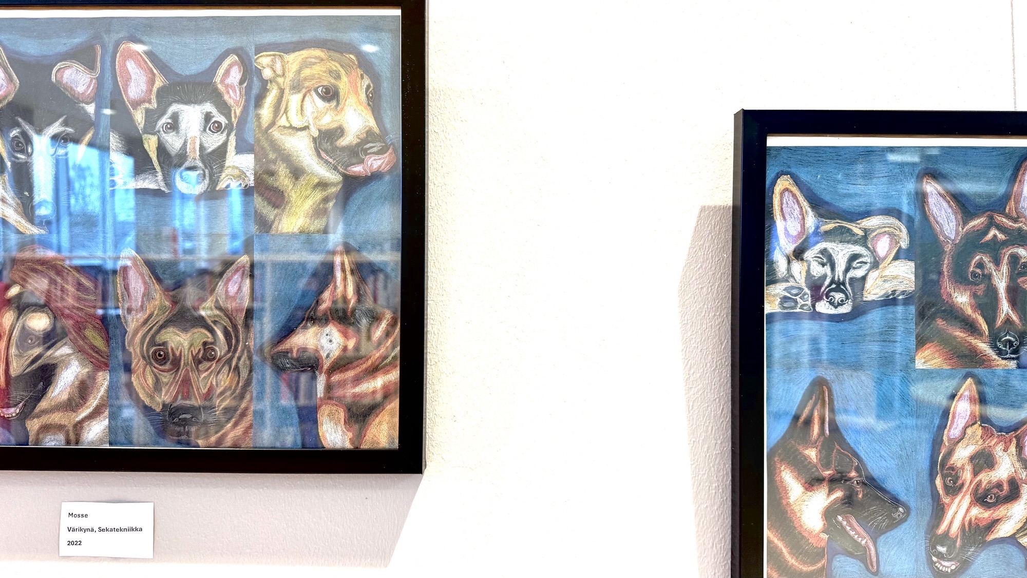 Teoksia Juha Pudassalon Minä ja Koira yksityisnäyttelystä. 