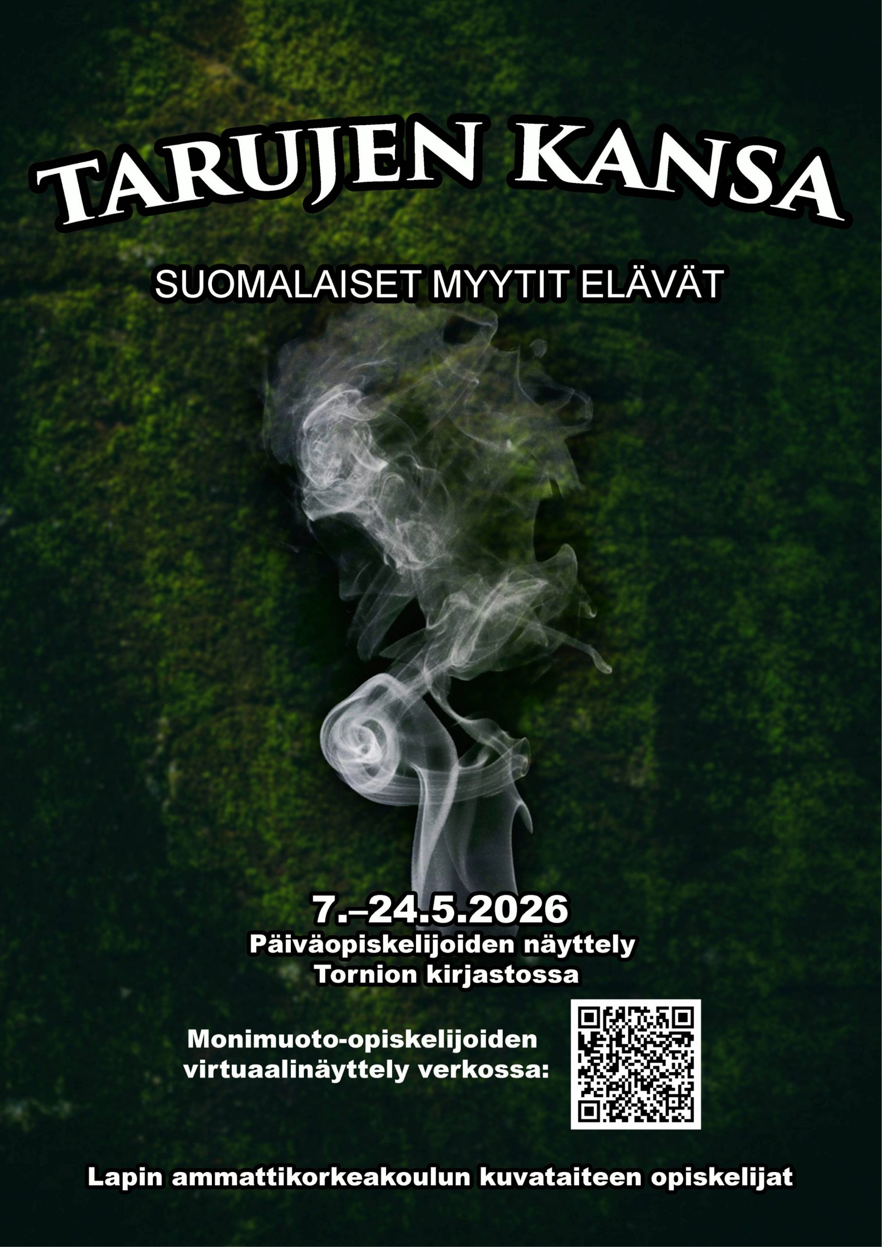 Taidenäyttelyn mainosjulisteen kuvituskuva vihreällä, luontoaiheisella teemalla.